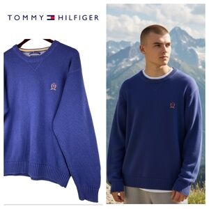 Vtg 90s Y2K Tommy Hilfiger Mens XL Crewneck Sweater Pullover Blue Crest Solid